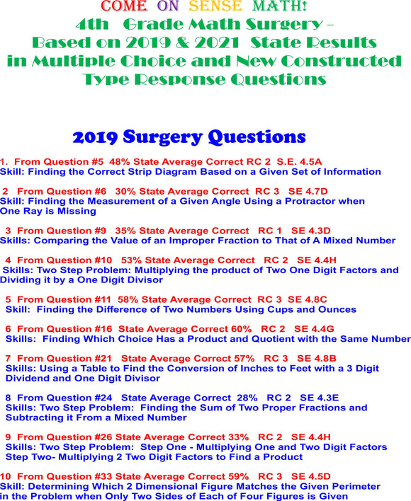 Digital Come on Sense 4th Grade Math Surgery Based on Most Difficult Questions From 2019 & 2021 Tests in Multiple Choice AND Constructed Type Response Formats!