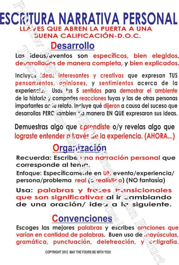 Escritura Narrativa Personal Spanish Writing Poster
