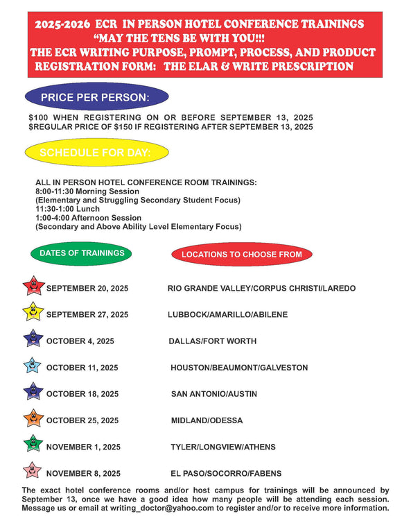 IN PERSON HOTEL CONFERENCE ROOM READING AND WRITING TRAININGS INCLUDING ONGOING RECORDED LESSONS FOR 2025-2026