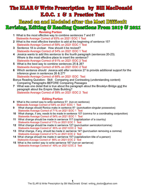 9th & 10th Grade Reading and Writing Practice Test Based on 2019 & 2021 Tests