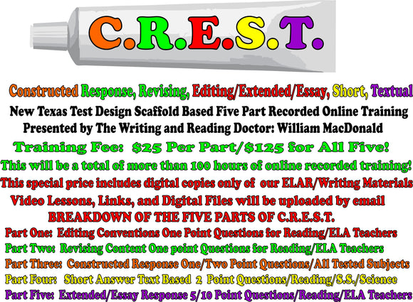 C.R.E.S.T.  Online Recorded Training  Discount Online/Email Digital Only Price:  $25 Each or all 5 Parts for $125!